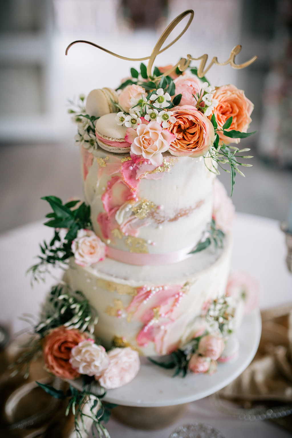Cake Pink Artist Palette Painted Brush Work Gold Leaf Flowers Macarons Lapstone Barn Wedding Ideas Cotswolds Katie Hamilton Photography