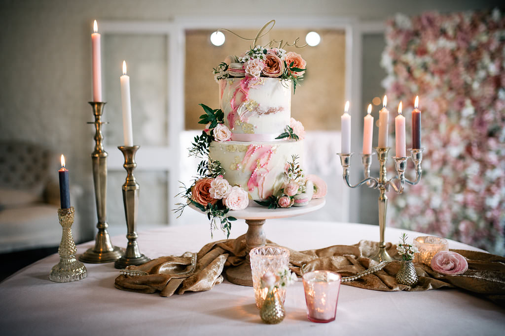 Cake Pink Artist Palette Painted Brush Work Gold Leaf Flowers Macarons Lapstone Barn Wedding Ideas Cotswolds Katie Hamilton Photography