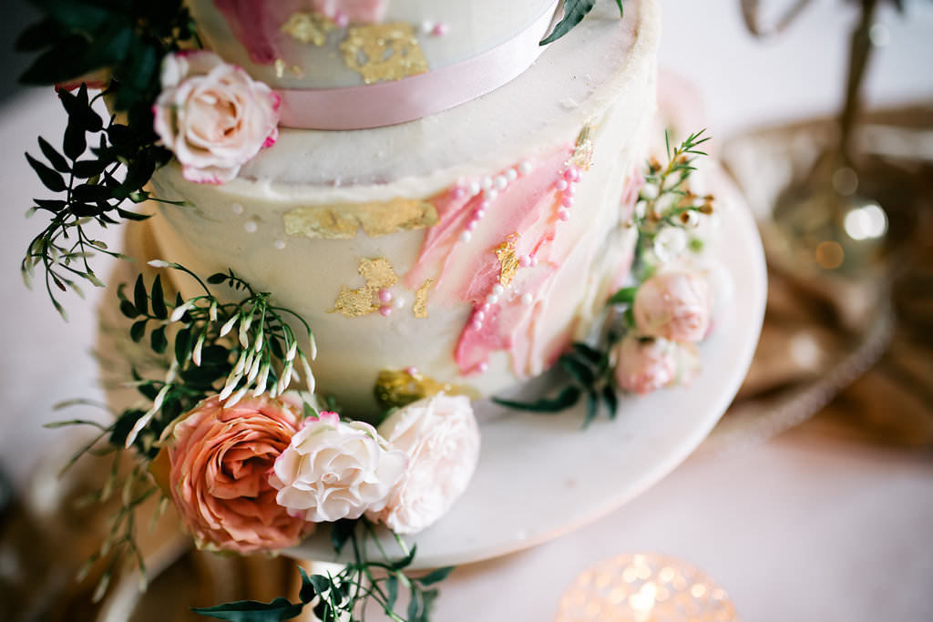 Cake Pink Artist Palette Painted Brush Work Gold Leaf Flowers Macarons Lapstone Barn Wedding Ideas Cotswolds Katie Hamilton Photography