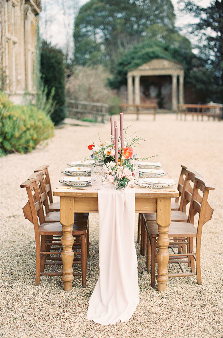 Tablescape Decor Silk Runner Candle Sticks Gold Cutlery Plates Whimsical Summer Chocolat Wedding Ideas Brympton House Liz Baker Fine Art Photography