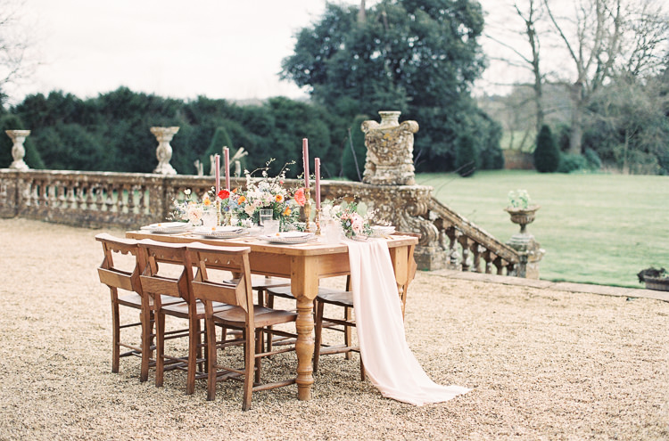 Tablescape Decor Silk Runner Candle Sticks Gold Cutlery Plates Whimsical Summer Chocolat Wedding Ideas Brympton House Liz Baker Fine Art Photography