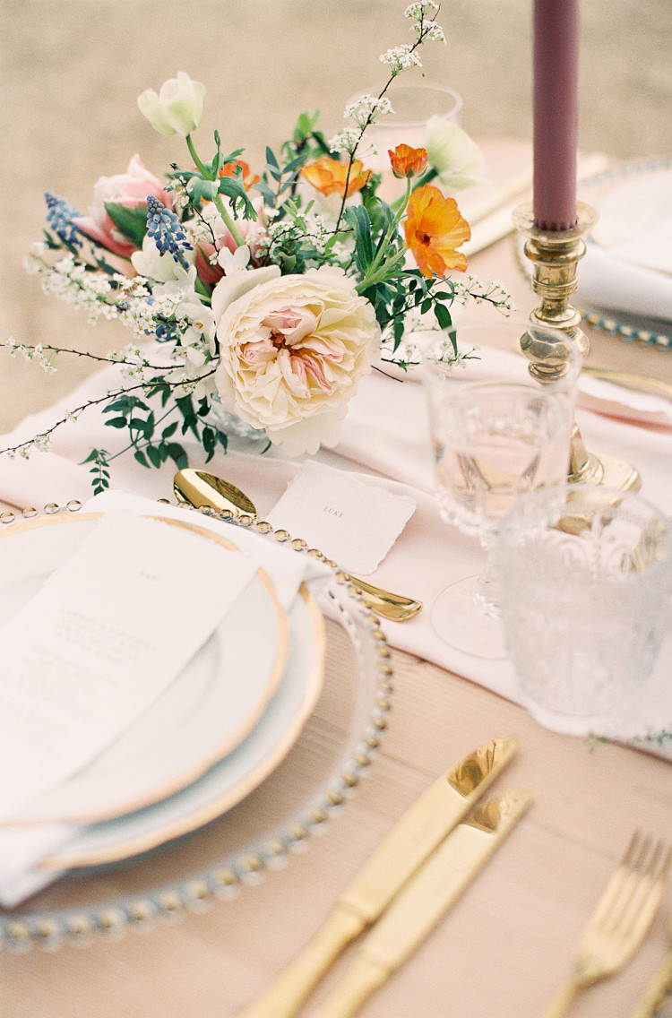 Tablescape Decor Silk Runner Candle Sticks Gold Cutlery Plates Whimsical Summer Chocolat Wedding Ideas Brympton House Liz Baker Fine Art Photography