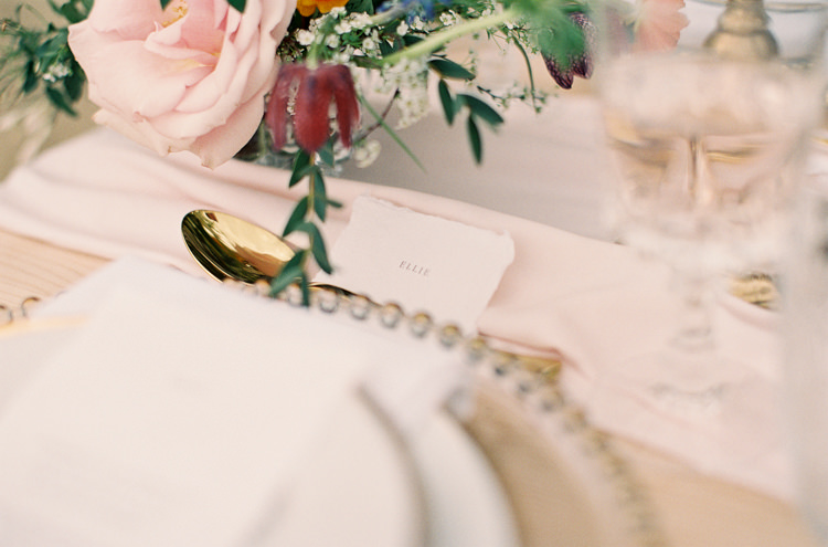 Tablescape Decor Silk Runner Candle Sticks Gold Cutlery Plates Whimsical Summer Chocolat Wedding Ideas Brympton House Liz Baker Fine Art Photography