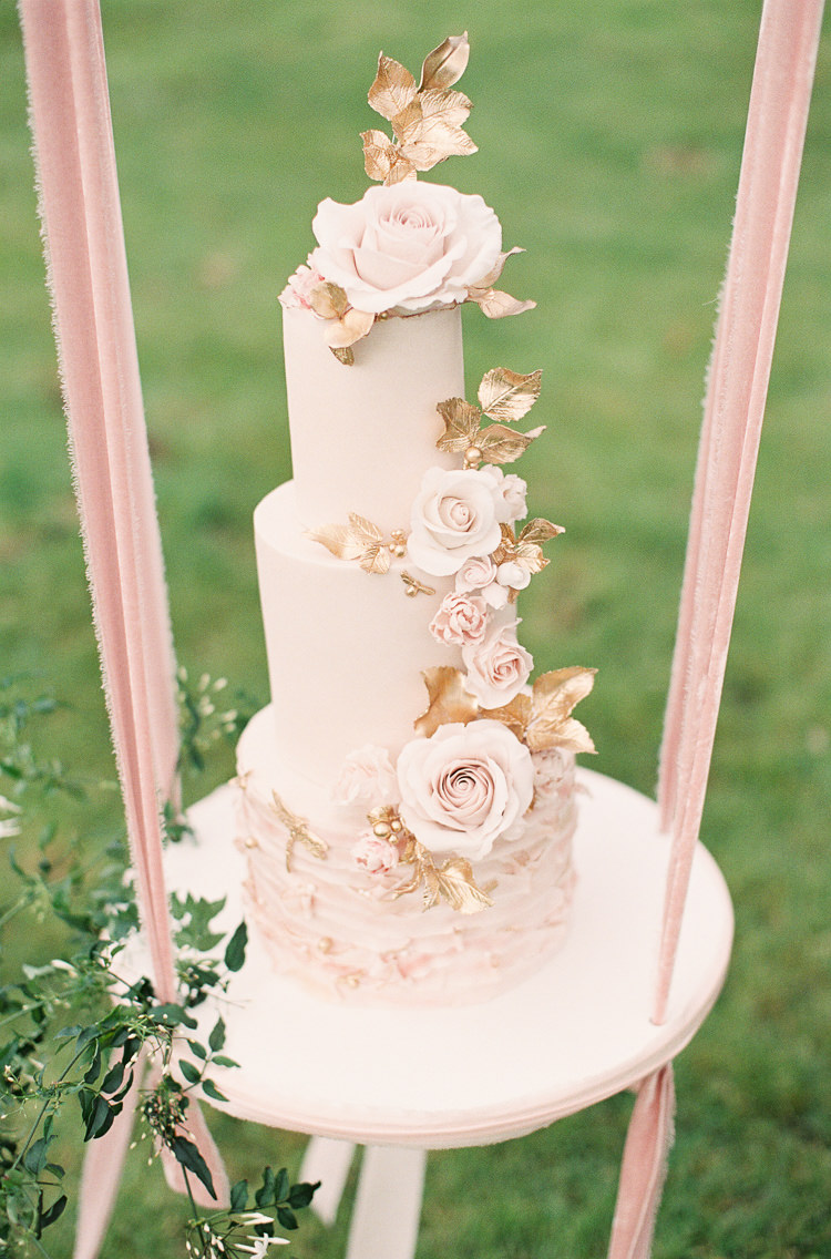 Dragonflies Bees Blush Pink Gold Flower Cake Ribbon Swing Table Stand Whimsical Summer Chocolat Wedding Ideas Brympton House Liz Baker Fine Art Photography