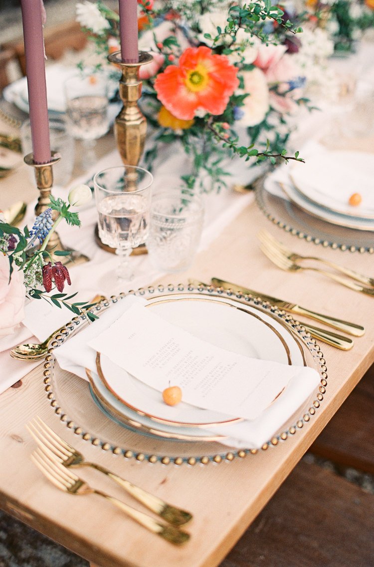 Tablescape Decor Silk Runner Candle Sticks Gold Cutlery Plates Whimsical Summer Chocolat Wedding Ideas Brympton House Liz Baker Fine Art Photography