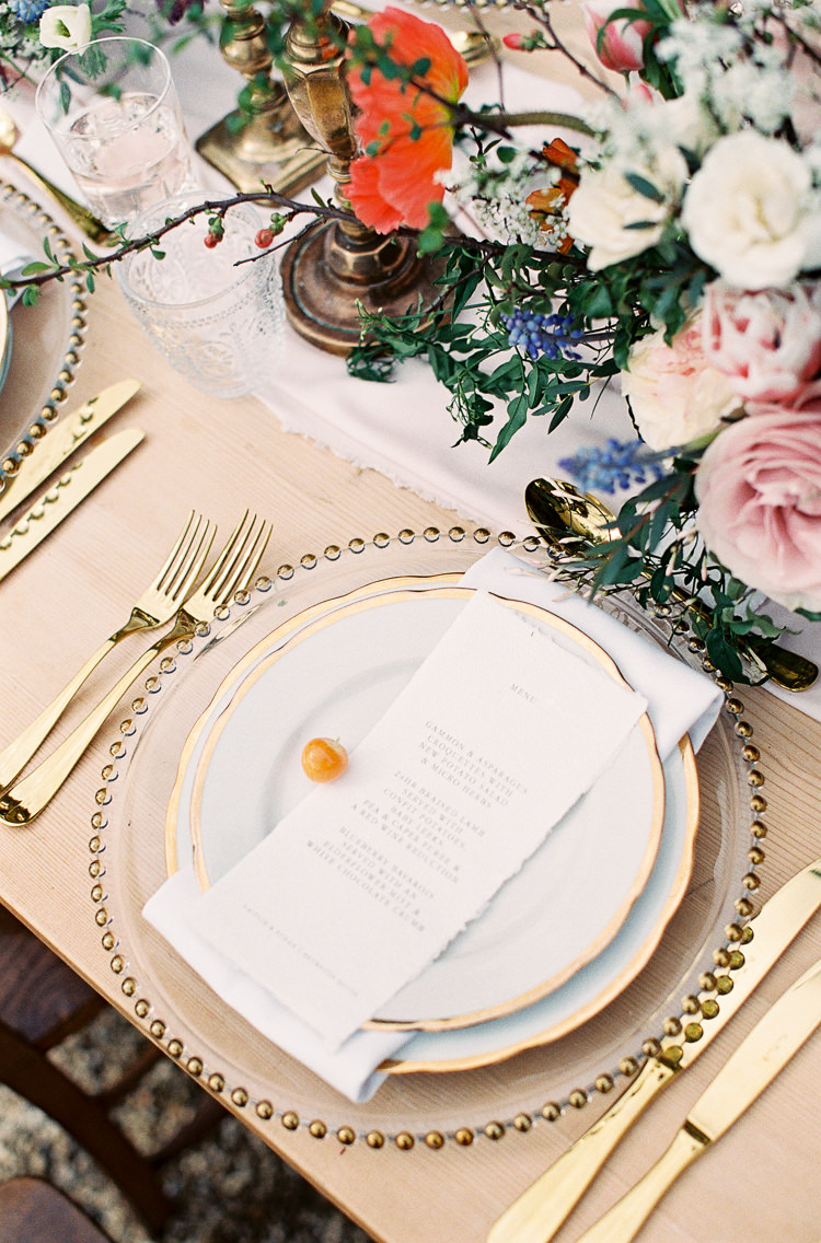 Tablescape Decor Silk Runner Candle Sticks Gold Cutlery Plates Whimsical Summer Chocolat Wedding Ideas Brympton House Liz Baker Fine Art Photography