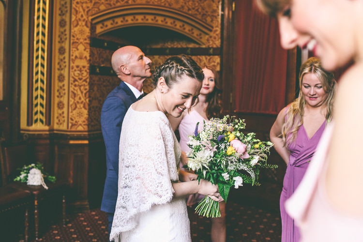 Lace Bat Wing Sleeve Bride Bridal Dress Gown Bouquet Manchester Town Hall Wedding City Emma Boileau Photography