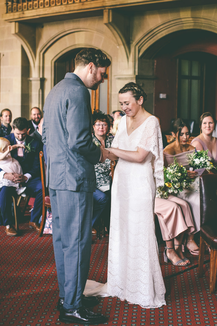 Lace Bat Wing Sleeve Bride Bridal Dress Gown Blue Suit Groom Manchester Town Hall Wedding City Emma Boileau Photography