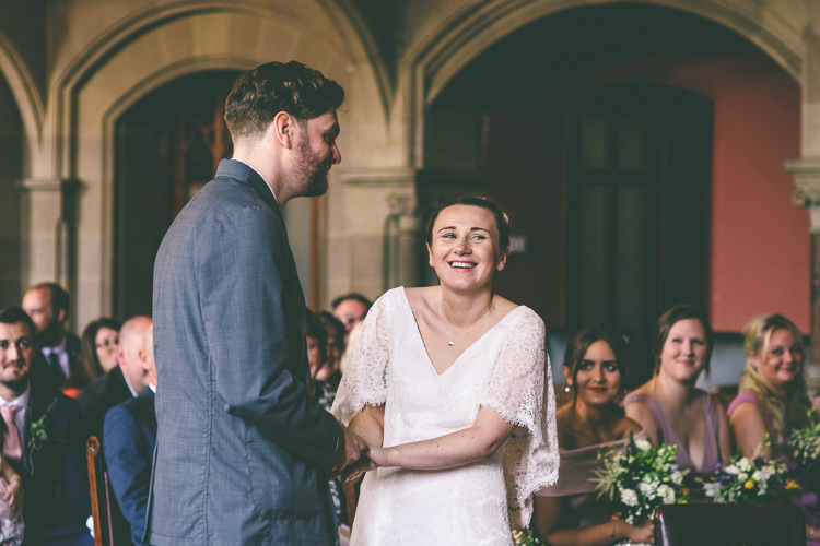 Lace Bat Wing Sleeve Bride Bridal Dress Gown Blue Suit Groom Manchester Town Hall Wedding City Emma Boileau Photography