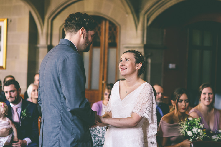 Lace Bat Wing Sleeve Bride Bridal Dress Gown Blue Suit Groom Manchester Town Hall Wedding City Emma Boileau Photography