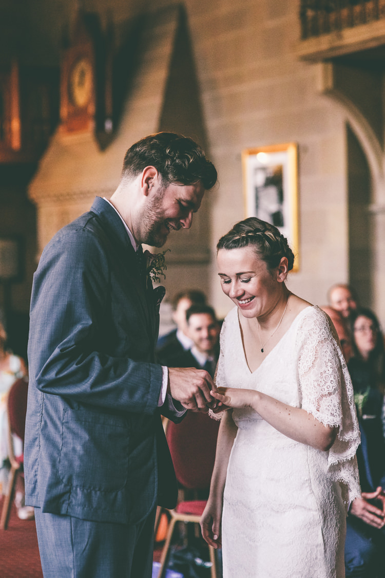 Lace Bat Wing Sleeve Bride Bridal Dress Gown Blue Suit Groom Manchester Town Hall Wedding City Emma Boileau Photography