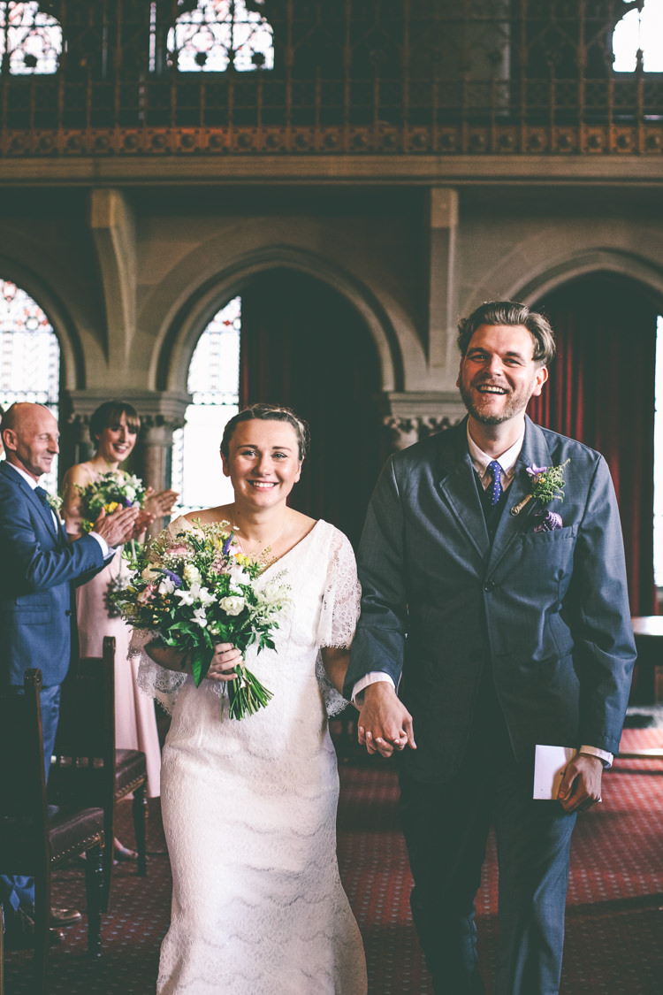 Lace Bat Wing Sleeve Bride Bridal Dress Gown Blue Suit Groom Wildflower Bouquet Manchester Town Hall Wedding City Emma Boileau Photography