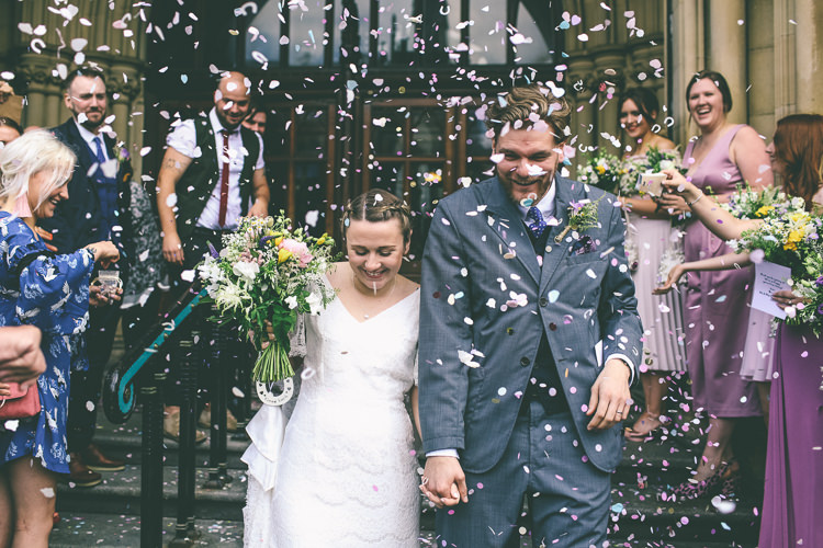 Lace Bat Wing Sleeve Bride Bridal Dress Gown Blue Suit Groom Wildflower Bouquet Confetti Manchester Town Hall Wedding City Emma Boileau Photography
