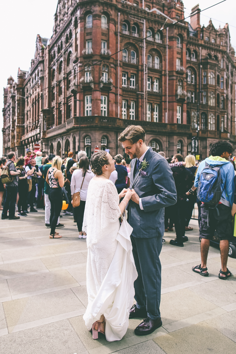Lace Bat Wing Sleeve Bride Bridal Dress Gown Blue Suit Groom Braid Plait Up Do Manchester Town Hall Wedding City Emma Boileau Photography