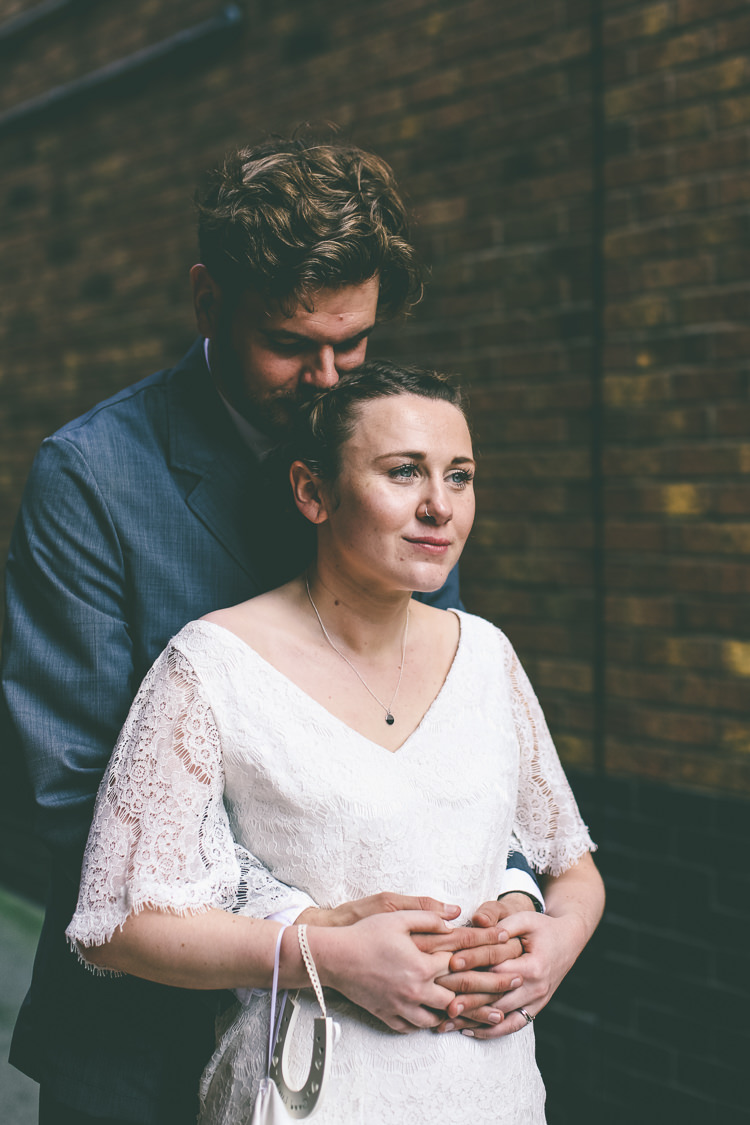 Lace Bat Wing Sleeve Bride Bridal Dress Gown Blue Suit Groom Manchester Town Hall Wedding City Emma Boileau Photography