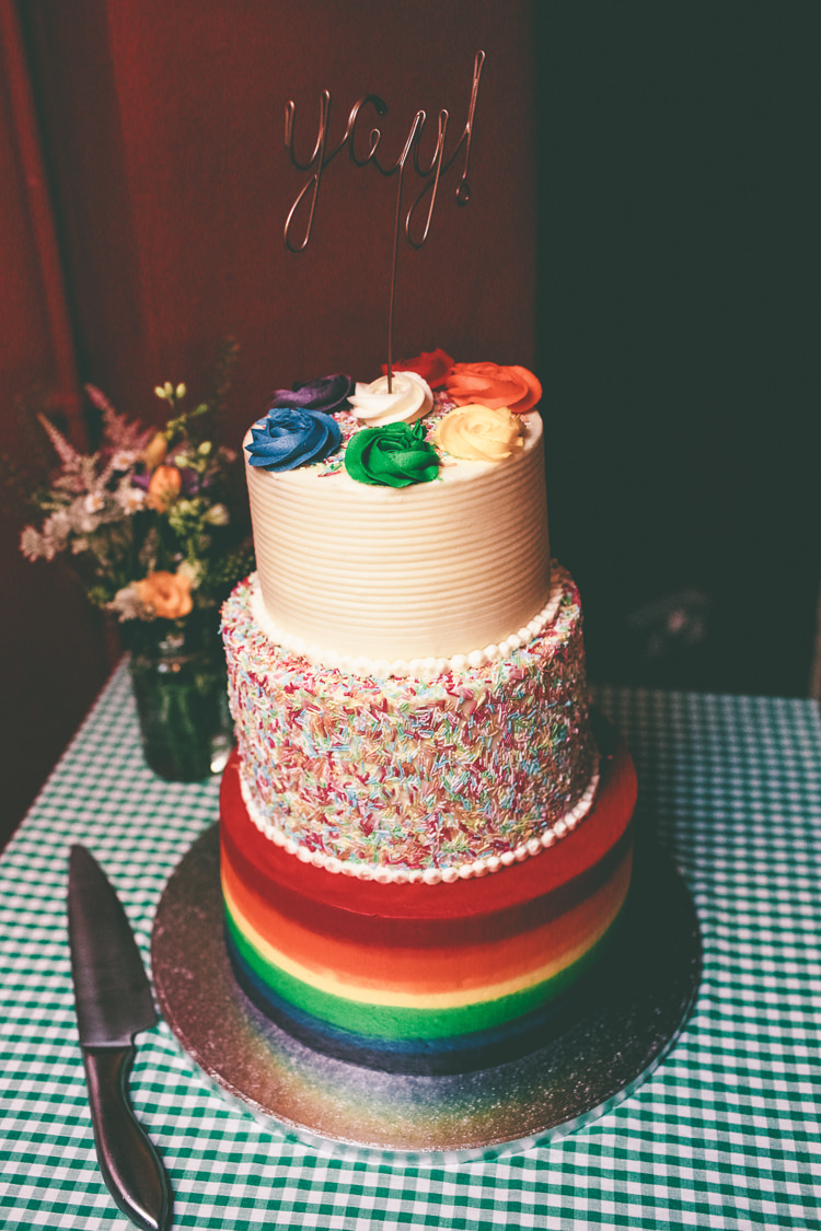 Rainbow Cake Hundreds and Thousands Yay! Metal Cake Topper Manchester Town Hall Wedding City Emma Boileau Photography