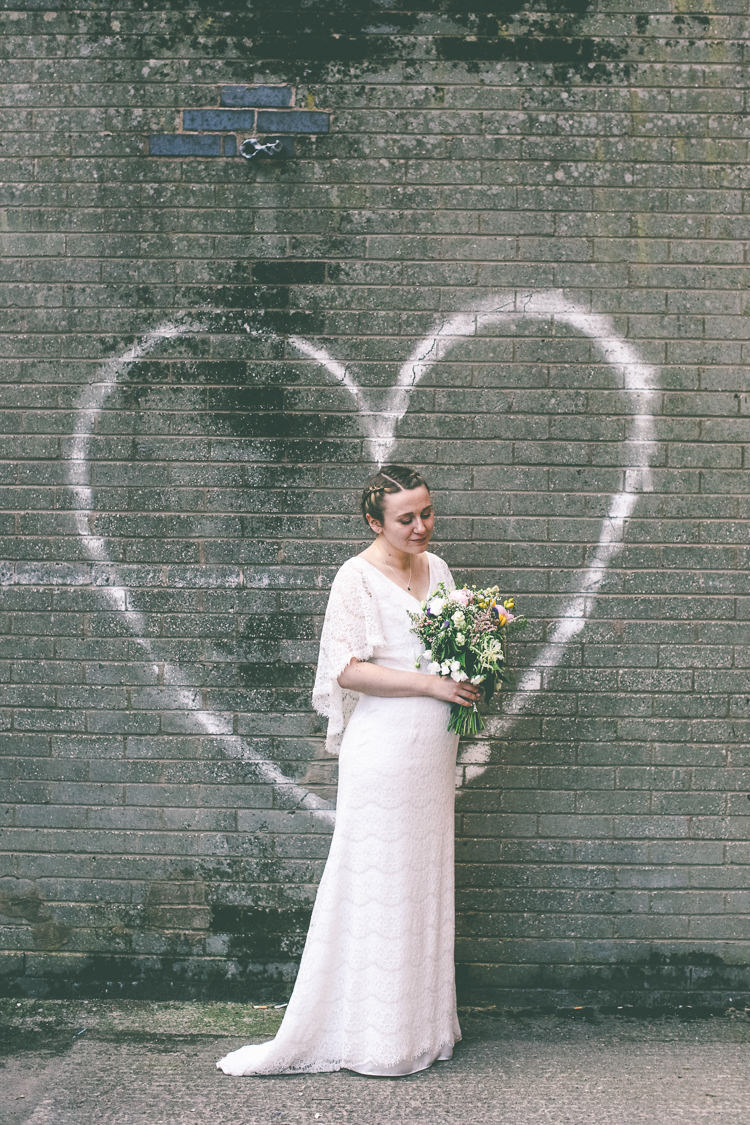Lace Bat Wing Sleeve Bride Bridal Dress Gown Wildflower Bouquet Manchester Town Hall Wedding City Emma Boileau Photography