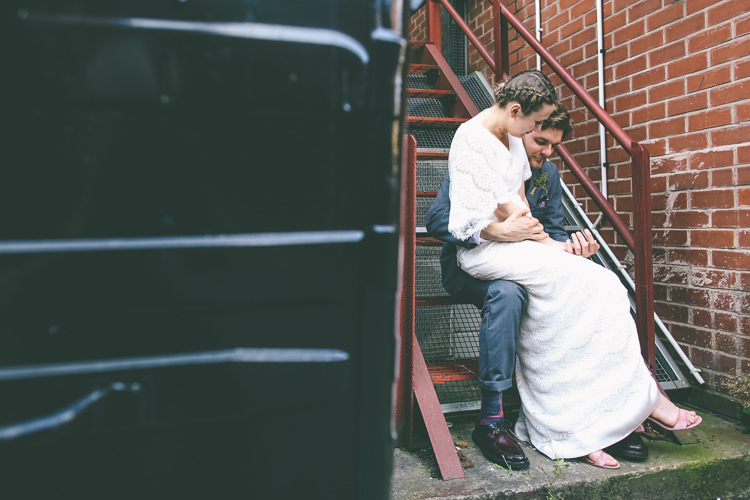 Lace Bat Wing Sleeve Bride Bridal Dress Gown Blue Suit Groom Manchester Town Hall Wedding City Emma Boileau Photography