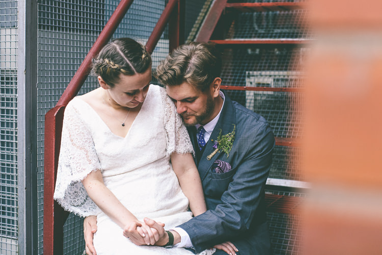 Lace Bat Wing Sleeve Bride Bridal Dress Gown Blue Suit Groom Manchester Town Hall Wedding City Emma Boileau Photography