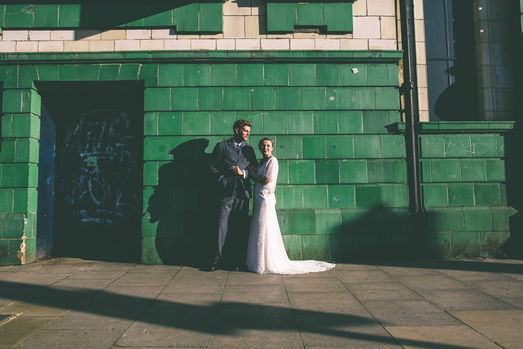 Lace Bat Wing Sleeve Bride Bridal Dress Gown Blue Suit Groom Manchester Town Hall Wedding City Emma Boileau Photography