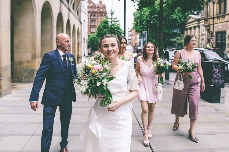 Lace Bat Wing Sleeve Bride Bridal Dress Gown Bouquet Pink Bridesmaids Jumpsuits Manchester Town Hall Wedding City Emma Boileau Photography