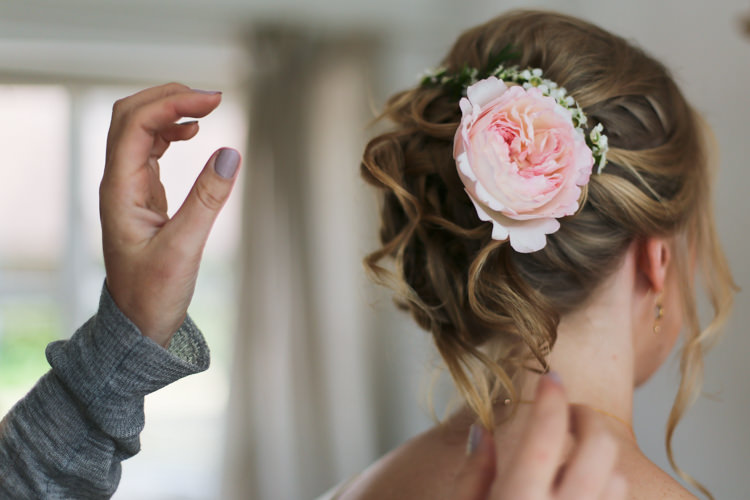 Hairstyle Up Do Peony Wax Flowers Manor Farm Wedding Hampshire Luke Doyle Photography