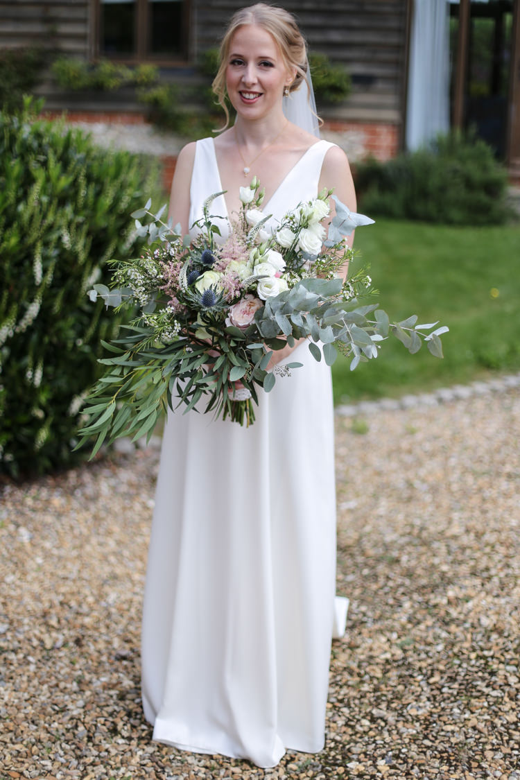 Bride Bridal V Neck Charlie Brear Dress Gown Loose Wild Bouquet Manor Farm Wedding Hampshire Luke Doyle Photography