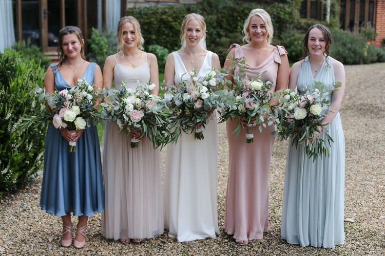 Bride Bridal V Neck Charlie Brear Dress Gown Bridesmaids Mismatched Pink Green Blue Loose Wild Bouquet Manor Farm Wedding Hampshire Luke Doyle Photography