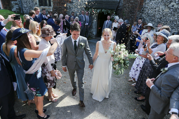 Bride Bridal V Neck Charlie Brear Dress Gown Ted Baker Groom Waistcoat Three Piece Grey Green Tie Loose Wild Bouquet Confetti Manor Farm Wedding Hampshire Luke Doyle Photography