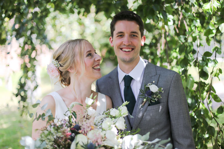 Bride Bridal V Neck Charlie Brear Dress Gown Ted Baker Groom Waistcoat Three Piece Grey Green Tie Loose Wild Bouquet Manor Farm Wedding Hampshire Luke Doyle Photography
