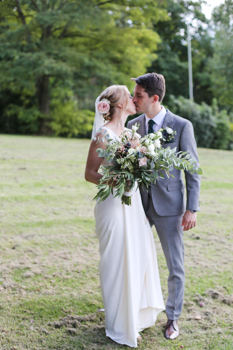 Bride Bridal V Neck Charlie Brear Dress Gown Ted Baker Groom Waistcoat Three Piece Grey Green Tie Loose Wild Bouquet Manor Farm Wedding Hampshire Luke Doyle Photography