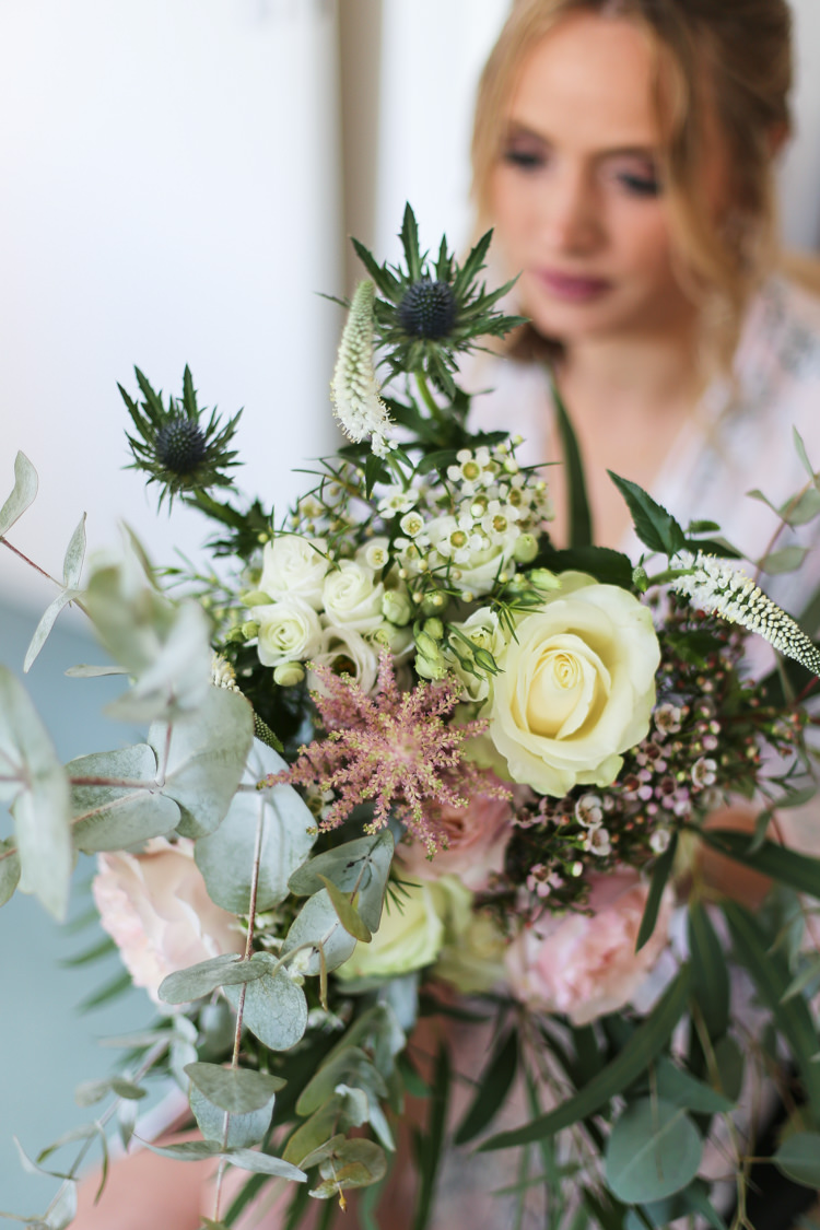 Bride Bridal Bouquet Thistle Rose Wax Flowers Eucalyptus Manor Farm Wedding Hampshire Luke Doyle Photography
