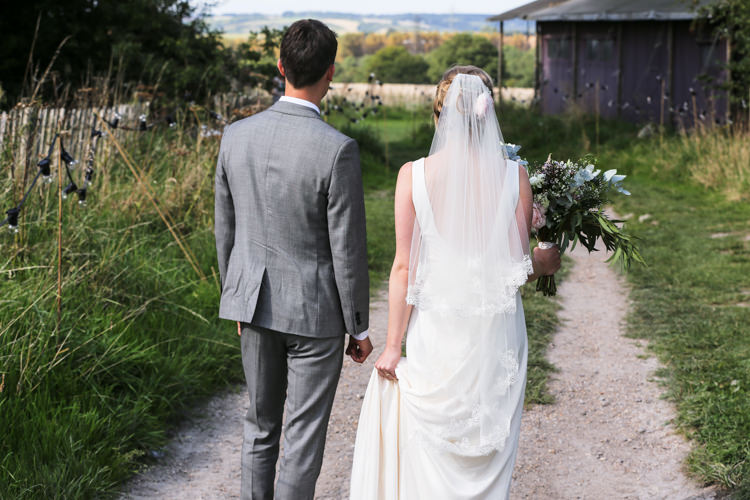 Bride Bridal V Neck Charlie Brear Dress Gown Ted Baker Groom Waistcoat Three Piece Grey Green Tie Loose Wild Bouquet Veil Lace Manor Farm Wedding Hampshire Luke Doyle Photography