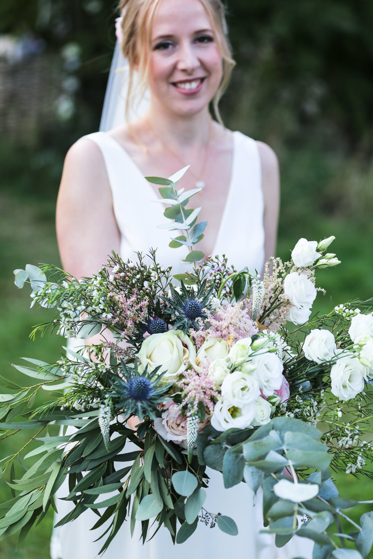 Bride Bridal V Neck Charlie Brear Dress Gown Loose Wild Bouquet Eucalyptus Thistle Rose Manor Farm Wedding Hampshire Luke Doyle Photography