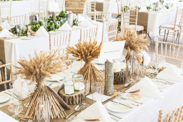 Tables Hessian Runner Corn Ears Wood Slice Centre Setting Manor Farm Wedding Hampshire Luke Doyle Photography