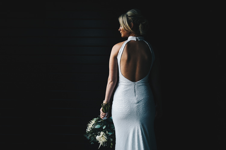 Bride Bridal Dress Gown Open Back Train Fitted Flare Halterneck Stylish Minimalist Moddershall Oaks Wedding Winnington & Coe Photography