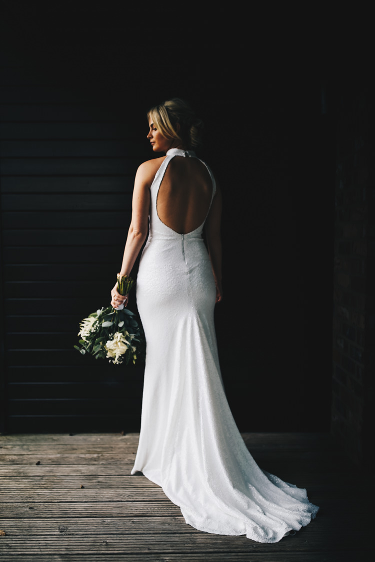 Bride Bridal Dress Gown Open Back Train Fitted Flare Stylish Minimalist Moddershall Oaks Wedding Winnington & Coe Photography