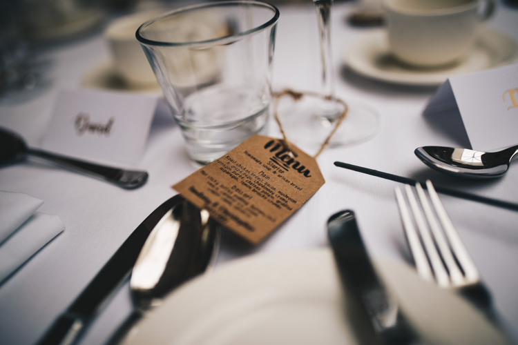 Luggage Tag Menu Label Stylish Minimalist Moddershall Oaks Wedding Winnington & Coe Photography