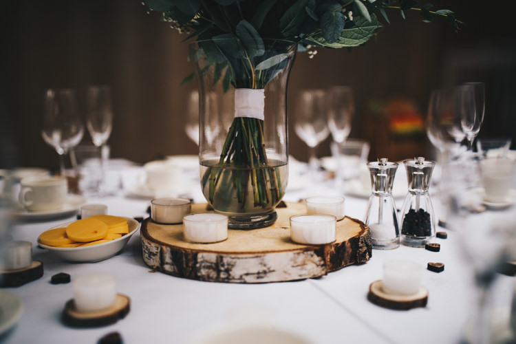 Log Tea Light Candle Centrepiece Decor Stylish Minimalist Moddershall Oaks Wedding Winnington & Coe Photography