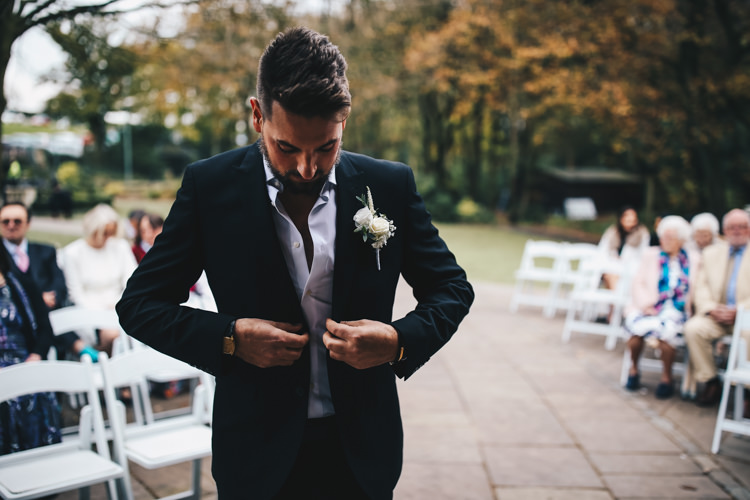 Groom Jacket Open Collar Stylish Minimalist Moddershall Oaks Wedding Winnington & Coe Photography