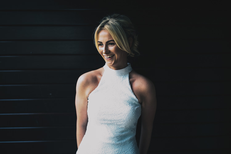 Bride Bridal Dress Gown Open Back Train Fitted Flare Halterneck Stylish Minimalist Moddershall Oaks Wedding Winnington & Coe Photography