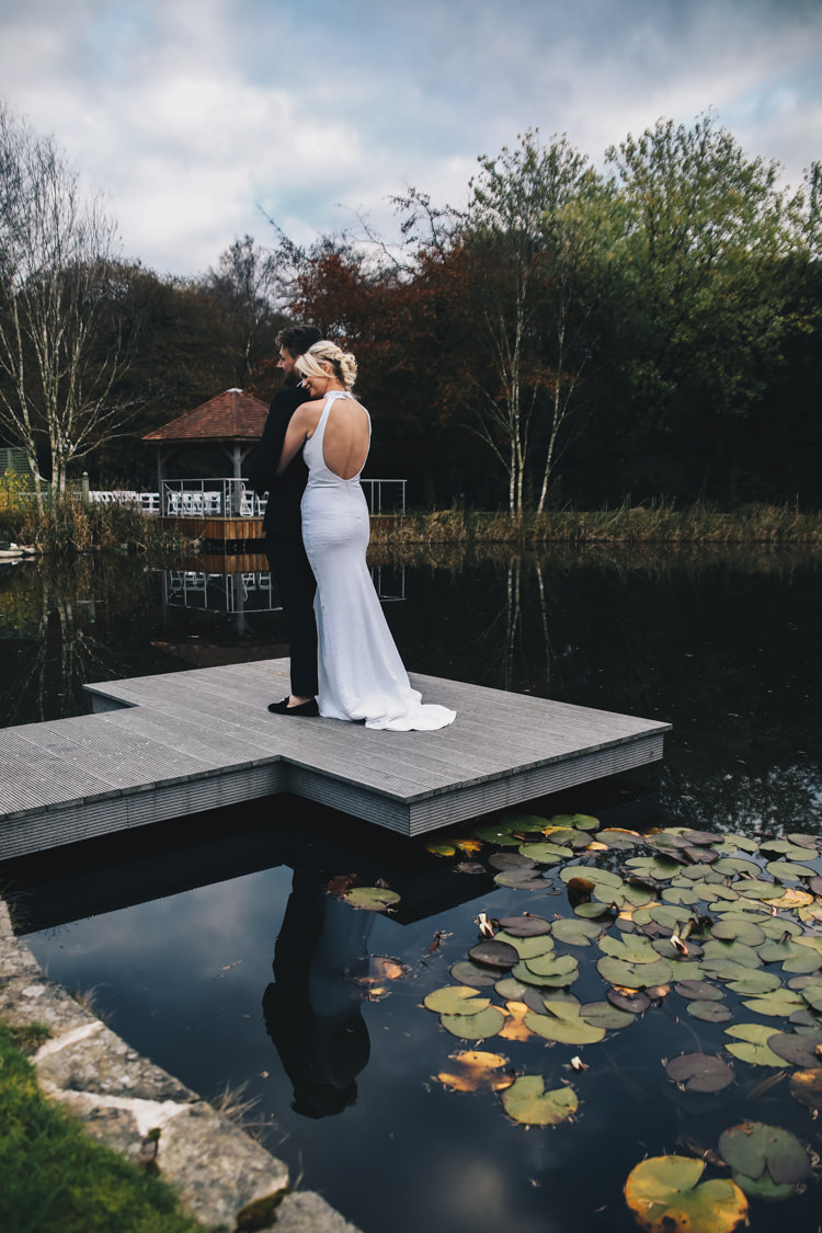 Bride Bridal Dress Gown Open Back Train Fitted Flare Halterneck Stylish Minimalist Moddershall Oaks Wedding Winnington & Coe Photography