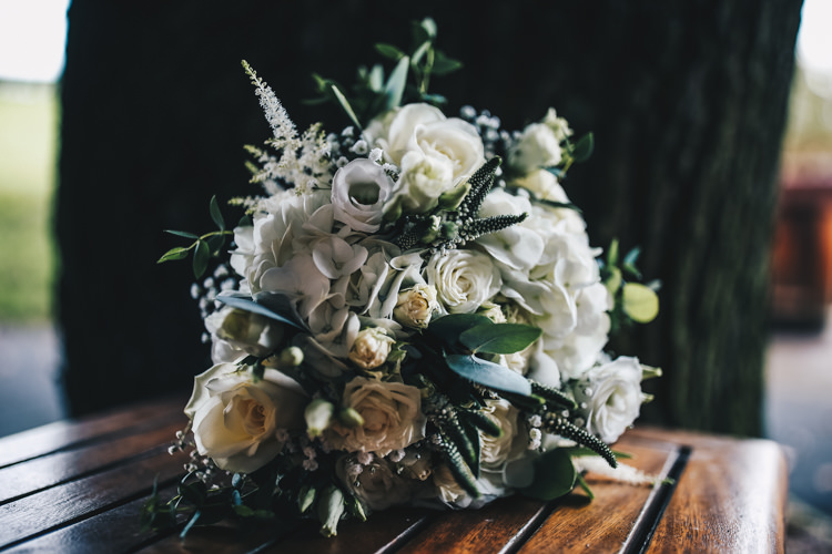 Flowers Bouquet Bride Bridal White Greenery Astilbe Fresia Rose Stylish Minimalist Moddershall Oaks Wedding Winnington & Coe Photography