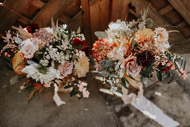 Bouquet Flowers Bride Bridal Orange Blush Oxlood Ribbon Cafe Au Lait Dahlias Roses Chrysanthemums Olive Foliage North Hidden Barn Wedding Autumn Jen Marino Photography