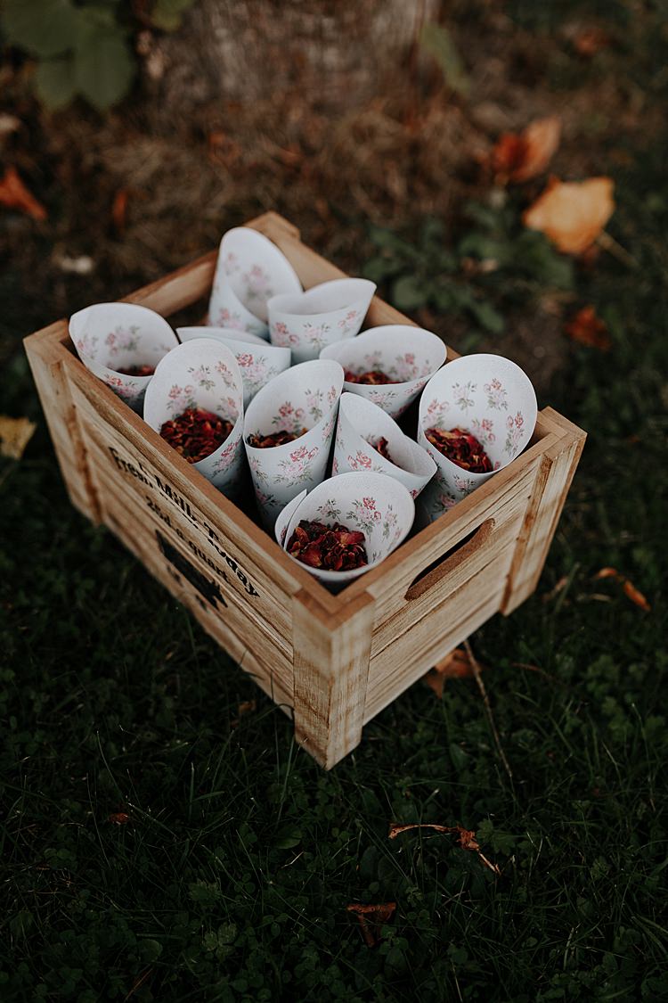 Paper Confetti Cones Crate Wooden North Hidden Barn Wedding Autumn Jen Marino Photography