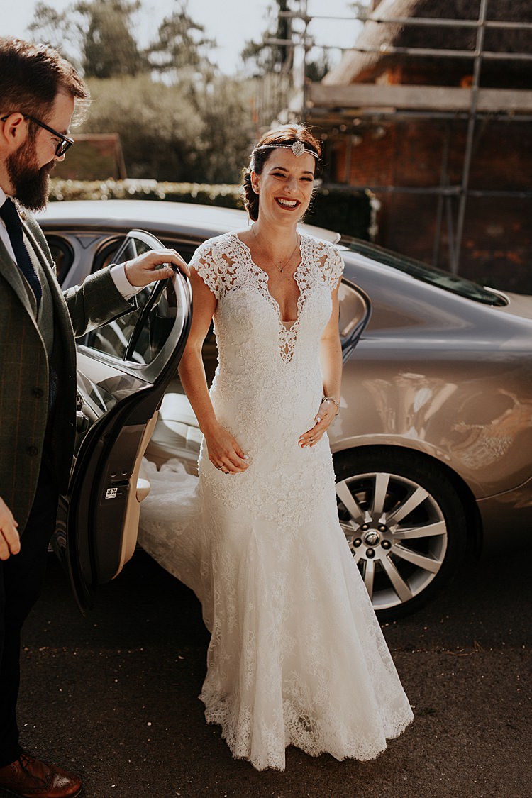 Bride Bridal Lace Gown Fit Flare Pregnant Bump Sleeves North Hidden Barn Wedding Autumn Jen Marino Photography