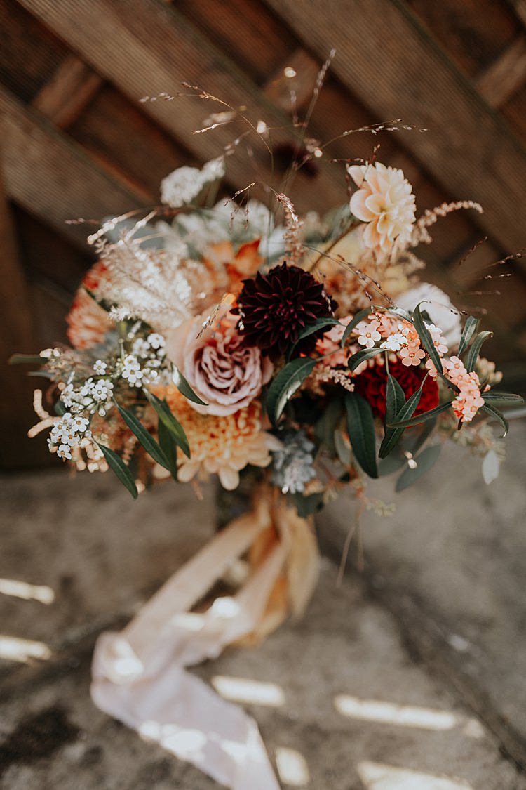 Bouquet Flowers Bride Bridal Orange Blush Oxlood Ribbon Dahlias Roses Chrysanthemums Olive Foliage North Hidden Barn Wedding Autumn Jen Marino Photography