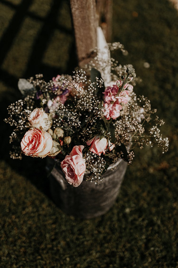 Roses Gypsophila Wooden Bucket Barrel North Hidden Barn Wedding Autumn Jen Marino Photography