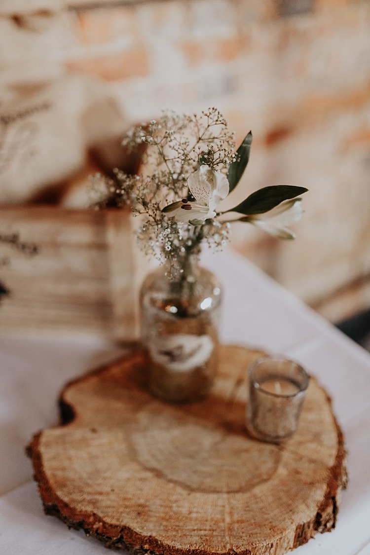 Log Slice Table Flowers Bottle North Hidden Barn Wedding Autumn Jen Marino Photography