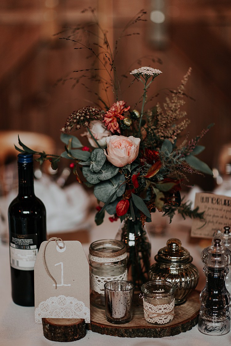 Centrepiece Flowers Log Bottle Jars Lace North Hidden Barn Wedding Autumn Jen Marino Photography